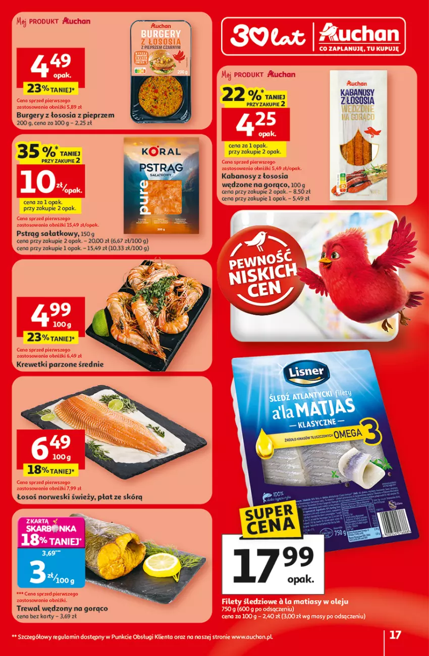 Gazetka promocyjna Auchan - 30 Lat Hipermarket - ważna 19.02 do 25.02.2026 - strona 17 - produkty: Burger, Kabanos, Krewetki, Pieprz, Pstrąg, Sałat, Sos