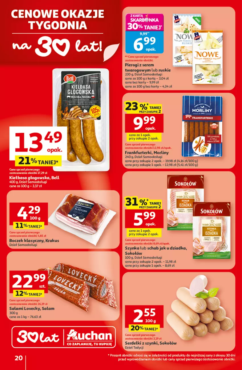 Gazetka promocyjna Auchan - 30 Lat Hipermarket - ważna 19.02 do 25.02.2026 - strona 20 - produkty: Boczek, Frankfurterki, Krakus, Morliny, Pierogi, Salami, Ser, Serdelki, Sok, Sokołów, Szynka