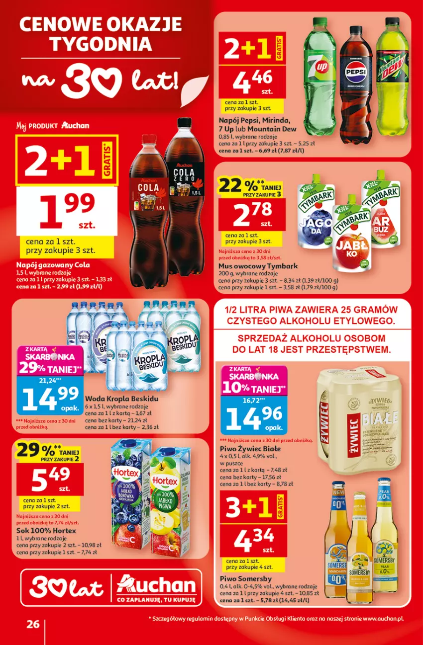 Gazetka promocyjna Auchan - 30 Lat Hipermarket - ważna 19.02 do 25.02.2026 - strona 26 - produkty: Hortex, Mirinda, Mus, Napój, Pepsi, Piwo, Sok, Somersby, Tymbark, Woda