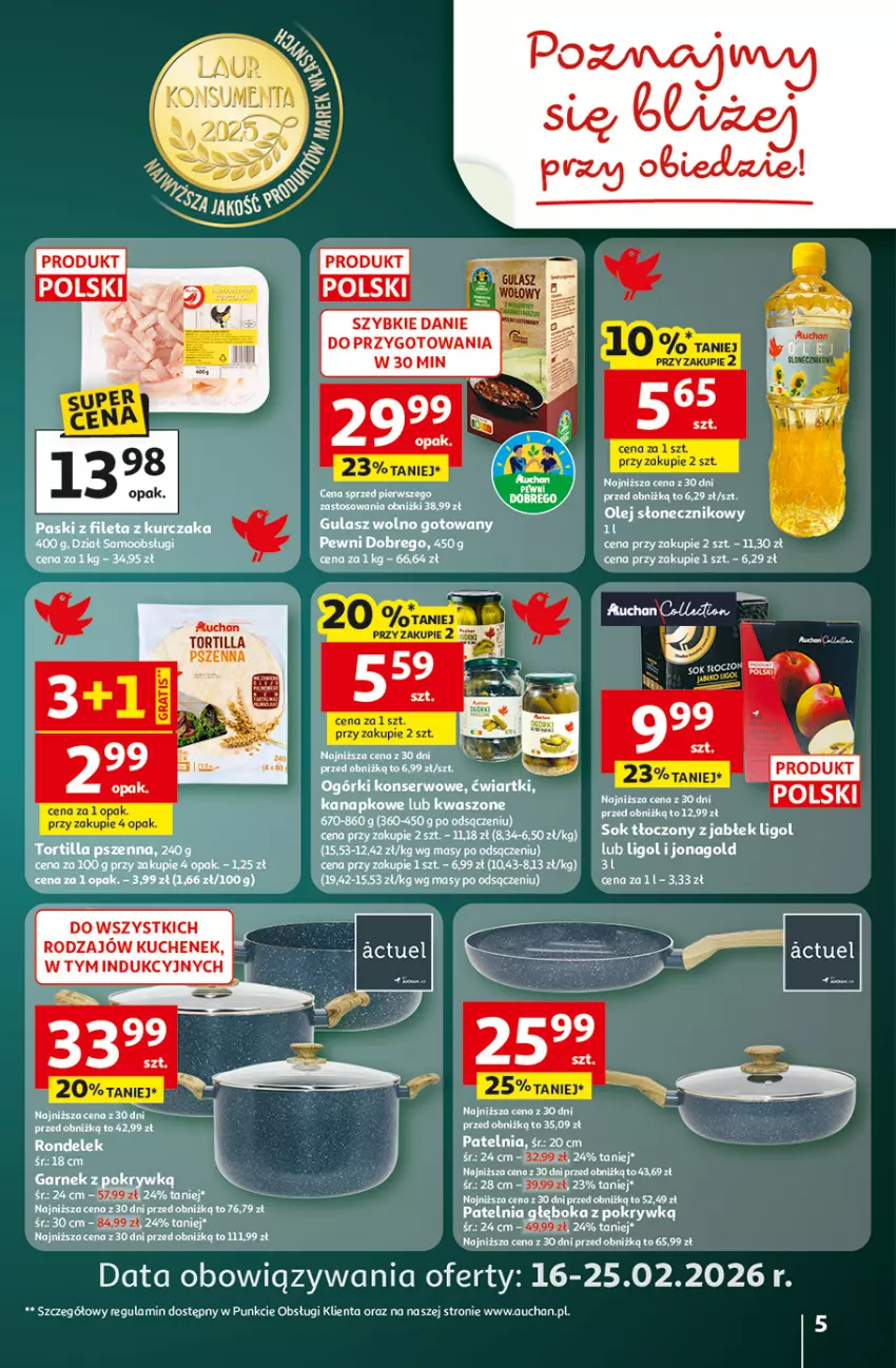 Gazetka promocyjna Auchan - 30 Lat Hipermarket - ważna 19.02 do 25.02.2026 - strona 5 - produkty: Jonagold, Ligol, Olej, Olej słonecznikowy, Patelnia, Sok, Tortilla