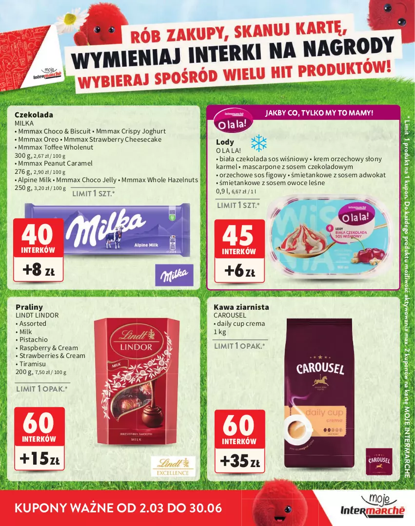 Gazetka promocyjna Intermarche - Katalog Interki - ważna 02.03 do 30.06.2026 - strona 25 - produkty: Czekolada, Kawa, Kawa ziarnista, Krem orzechowy, Lindor, Lindt, Lody, Mascarpone, Milka, Oreo, Owoce, Praliny, Sos