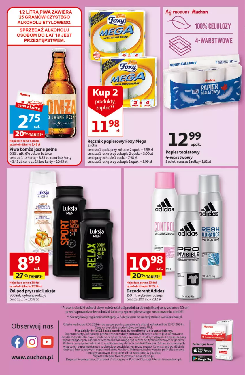 Gazetka promocyjna Auchan - Gazetka Oferta tygodnia Supermarket Auchan - ważna 07.03 do 13.03.2024 - strona 12 - produkty: Adidas, Dezodorant, Foxy, Gra, Luksja, Papier, Piwa, Piwo, Ręcznik, Ser, Tera