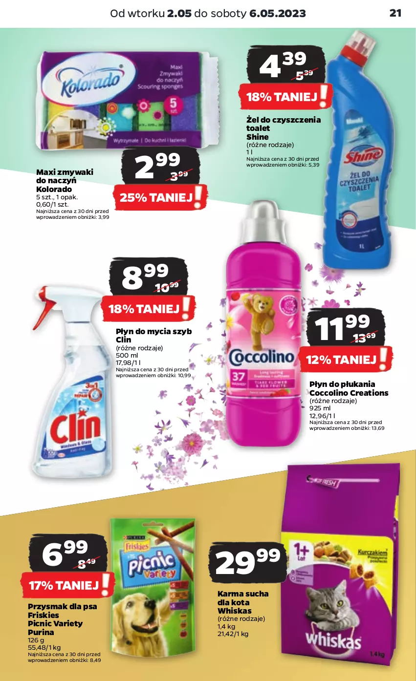 Gazetka promocyjna Netto - Artykuły spożywcze - ważna 04.05 do 10.05.2023 - strona 21 - produkty: Clin, Coccolino, Friskies, Kolorado, Płyn do mycia, Płyn do płukania, Przysmak dla psa, Pur, Purina, Whiskas