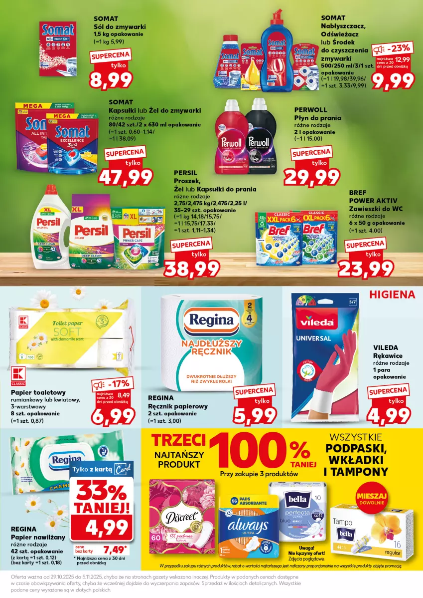 Gazetka promocyjna Kaufland - Mocny Start - ważna 03.11 do 05.11.2025 - strona 23 - produkty: Bell, Bella, Bref, Gin, Kapsułki do prania, Papier, Papier toaletowy, Persil, Perwoll, Płyn do prania, Podpaski, Por, Ręcznik, Rękawice, Rolki, Rum, Sól, Somat, Tampony, Vileda, Wkładki, Zawieszki, Zmywarki