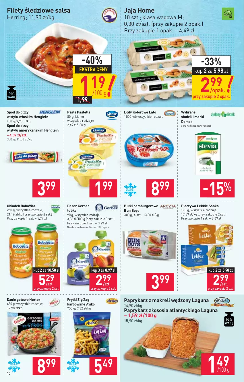 Gazetka promocyjna Stokrotka - Supermarket - ważna 21.01 do 27.01.2021 - strona 10 - produkty: BoboVita, Burger, Danie gotowe, Deser, Frytki, Gerber, Hamburger, Hortex, Jaja, Lisner, Lody, Papryka, Paprykarz, Pastella, Piec, Pieczywo, Salsa, Ser, Sonko, Sos, Spód do pizzy