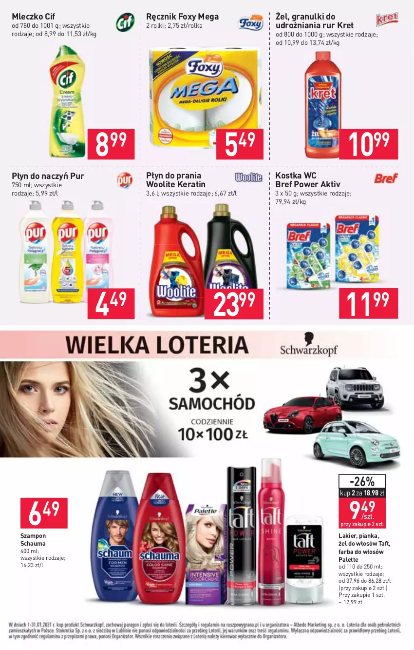 Gazetka promocyjna Stokrotka - Supermarket - ważna 21.01 do 27.01.2021 - strona 16 - produkty: Bref, Cif, Fa, Farba do włosów, Foxy, Gra, Kret, Lakier, Mleczko, Palette, Płyn do prania, Pur, Ręcznik, Rolki, Schauma, Szampon, Taft, Woolite