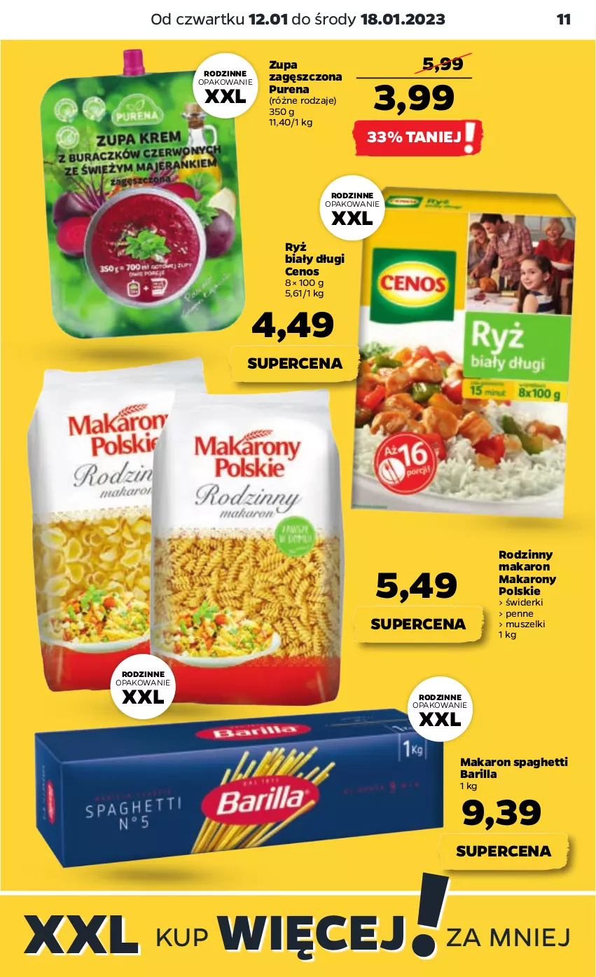 Gazetka promocyjna Netto - Artykuły spożywcze - ważna 12.01 do 18.01.2023 - strona 11 - produkty: Barilla, Cenos, Makaron, Mus, Penne, Pur, Ryż, Ryż biały, Spaghetti, Zupa