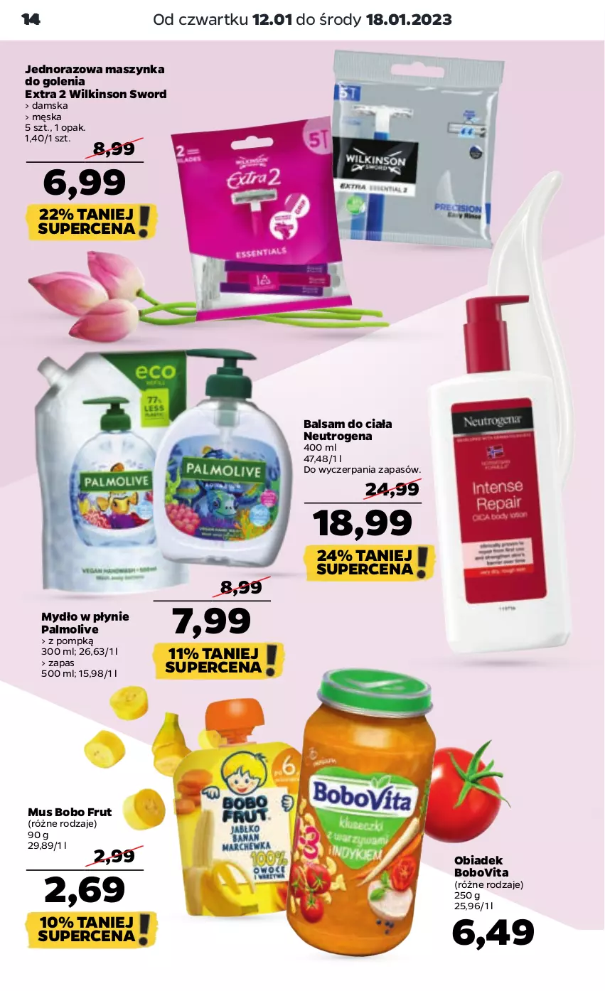 Gazetka promocyjna Netto - Artykuły spożywcze - ważna 12.01 do 18.01.2023 - strona 14 - produkty: Balsam do ciała, BoboVita, Maszynka, Maszynka do golenia, Mus, Mydło, Mydło w płynie, Neutrogena, Palmolive, Szynka, Wilkinson Sword