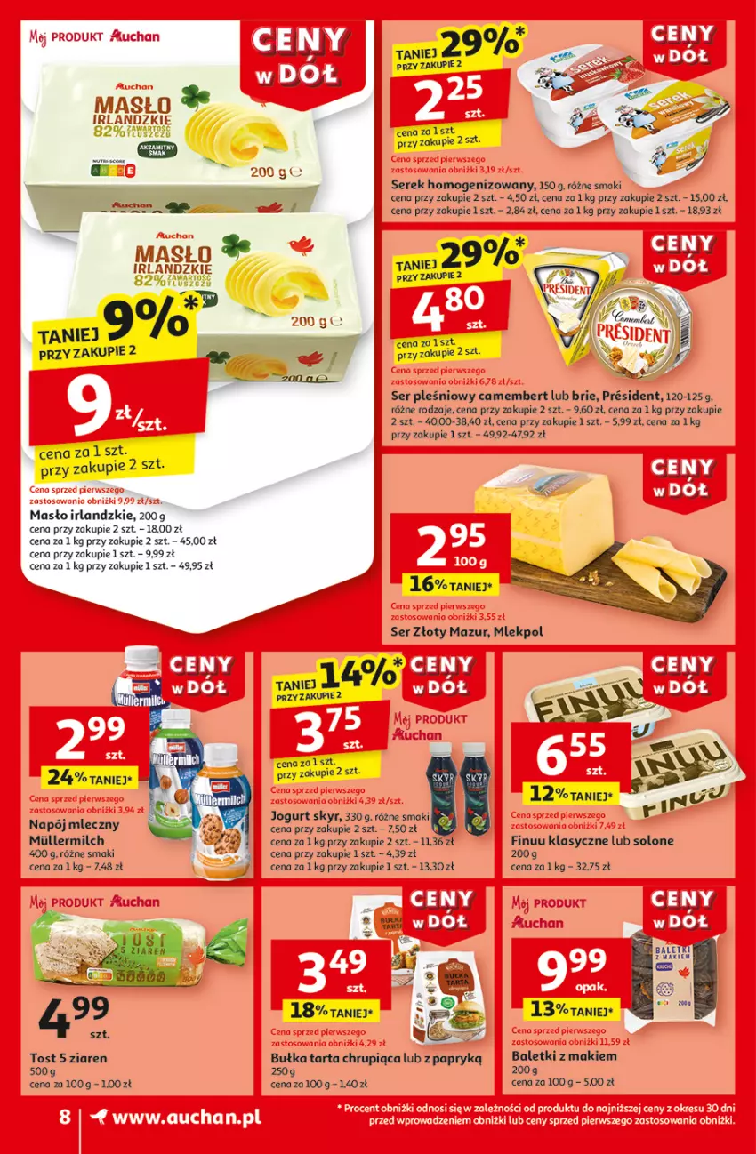 Gazetka promocyjna Auchan - CENY W DÓŁ Supermarket - ważna 23.01 do 29.01.2025 - strona 10 - produkty: Brie, Bułka, Bułka tarta, Finuu, Jogurt, Masło, Napój, Napój mleczny, Ser, Ser pleśniowy, Serek, Serek homogenizowany, Tarta, Złoty Mazur