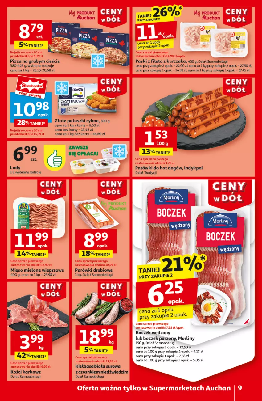 Gazetka promocyjna Auchan - CENY W DÓŁ Supermarket - ważna 23.01 do 29.01.2025 - strona 11 - produkty: Boczek, Hot dog, Kiełbasa, Kiełbasa biała, Kurczak, Lody, Mięso, Mięso mielone, Morliny, Paluszki rybne, Parówki, Pizza, Sól