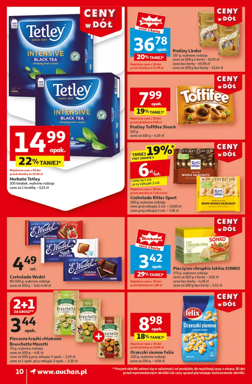 Gazetka promocyjna Auchan - CENY W DÓŁ Supermarket - ważna 23.01 do 29.01.2025 - strona 12 - produkty: Bruschette, Chleb, Chrupki, Czekolada, Felix, Herbata, Lack, Lindor, Orzeszki, Orzeszki ziemne, Piec, Pieczywo, Pieczywo chrupkie, Por, Praliny, Sonko, Sport, Tetley, Toffifee