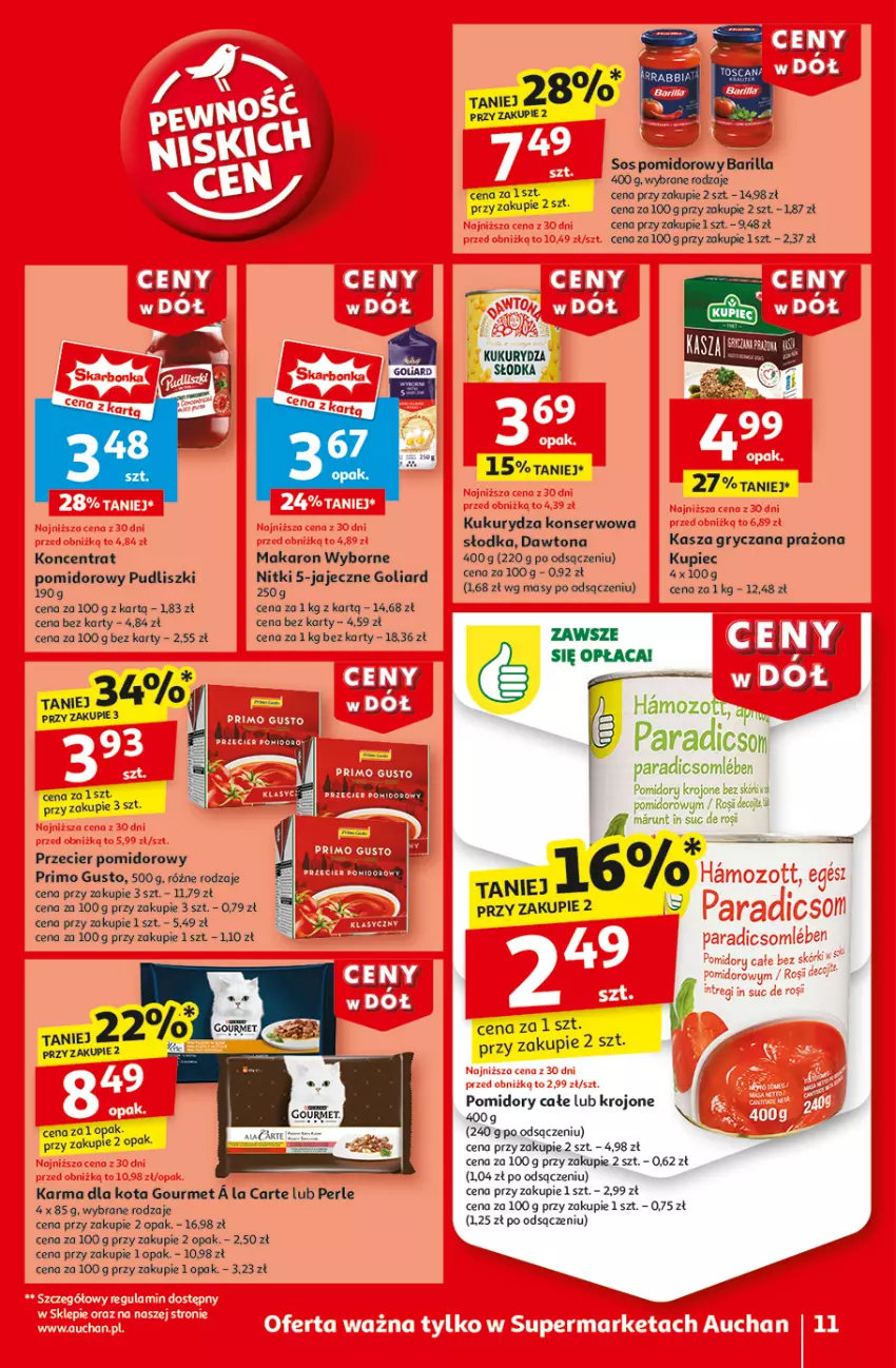 Gazetka promocyjna Auchan - CENY W DÓŁ Supermarket - ważna 23.01 do 29.01.2025 - strona 13 - produkty: Barilla, Dawtona, Goliard, Gry, Kasza, Kasza gryczana, Kukurydza, Kukurydza konserwowa, Kupiec, Makaron, Piec, Pomidory, Pudliszki, Ser, Sos, Zott