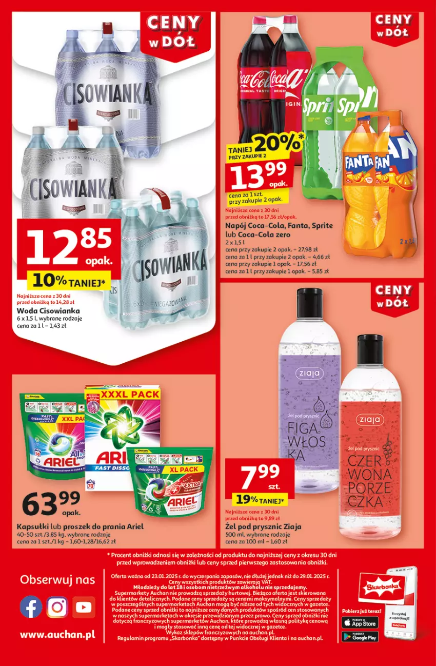 Gazetka promocyjna Auchan - CENY W DÓŁ Supermarket - ważna 23.01 do 29.01.2025 - strona 14 - produkty: Ariel, Cisowianka, Coca-Cola, Fa, Fanta, Napój, Proszek do prania, Sprite, Woda, Ziaja