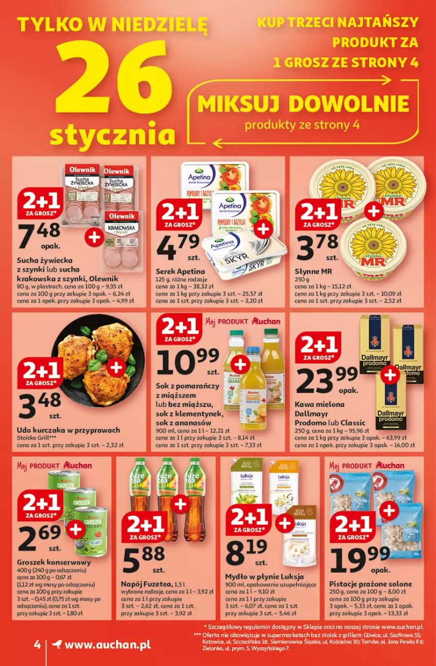 Gazetka promocyjna Auchan - CENY W DÓŁ Supermarket - ważna 23.01 do 29.01.2025 - strona 4 - produkty: Ananas, Dallmayr, Fa, Grill, Groszek, Kawa, Kawa mielona, Kurczak, Luksja, Mydło, Mydło w płynie, Napój, Olewnik, Pistacje, Rama, Ser, Serek, Słynne, Sok