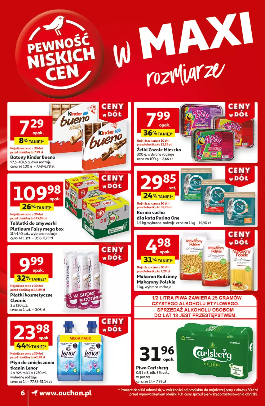 Gazetka promocyjna Auchan - CENY W DÓŁ Supermarket - ważna 23.01 do 29.01.2025 - strona 8 - produkty: Baton, Carlsberg, Cleanic, Fa, Fairy, Kinder, Kinder Bueno, Lenor, Makaron, Piwo, Płatki kosmetyczne, Pur, Purina, Tablet, Tabletki do zmywarki, Zmywarki