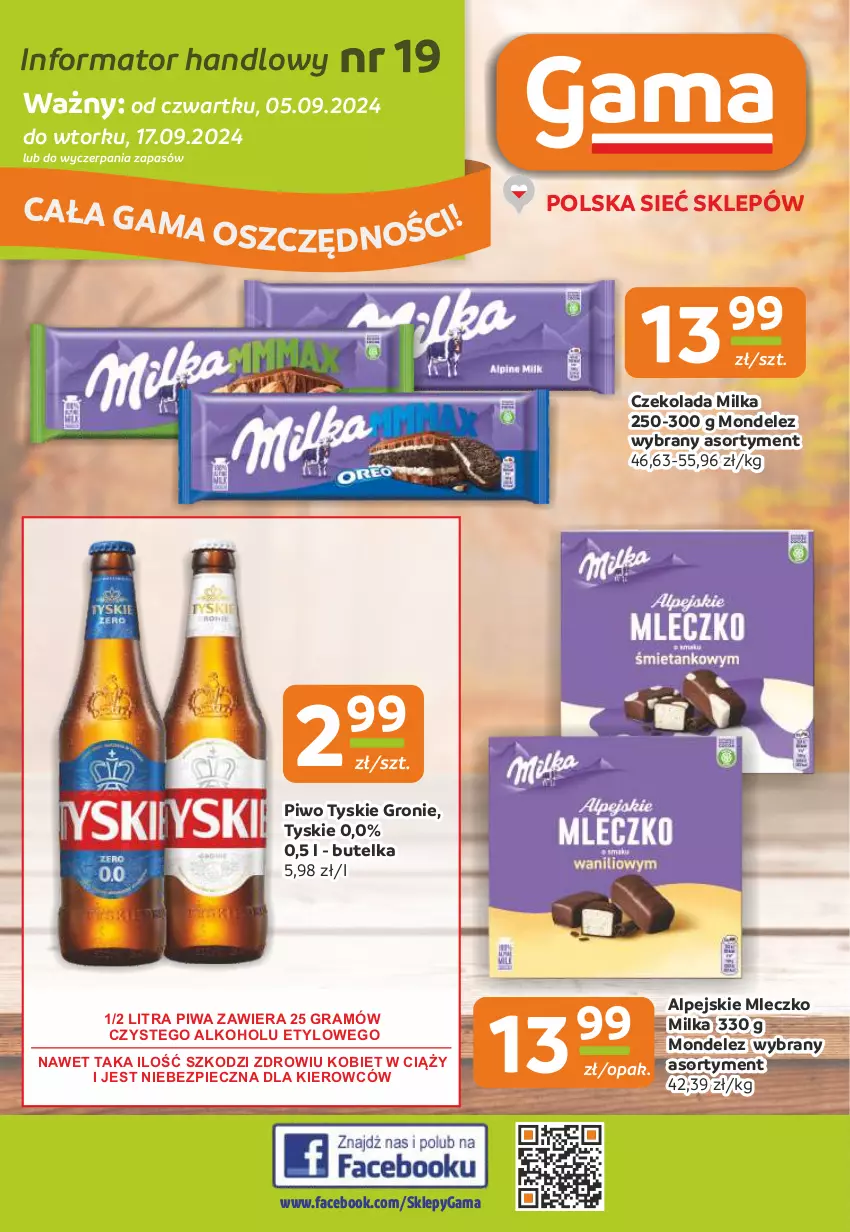 Gazetka promocyjna Gama - Gazetka Gama - ważna 05.09 do 17.09.2024 - strona 1 - produkty: Czekolada, Fa, Gra, Milka, Mleczko, Piec, Piwa, Piwo, Tyskie