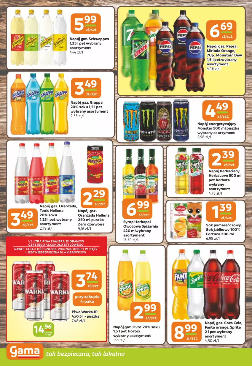 Gazetka promocyjna Gama - Gazetka Gama - ważna 05.09 do 17.09.2024 - strona 10 - produkty: 7up, Fa, Fanta, Fortuna, Gra, Grappa, Hellena, Herbapol, Herbata, Hortex, Mirinda, Napój, Oranżada, Pepsi, Piec, Piwa, Piwo, Schweppes, Sok, Sok jabłkowy, Sok pomarańczowy, Sprite, Syrop, Warka