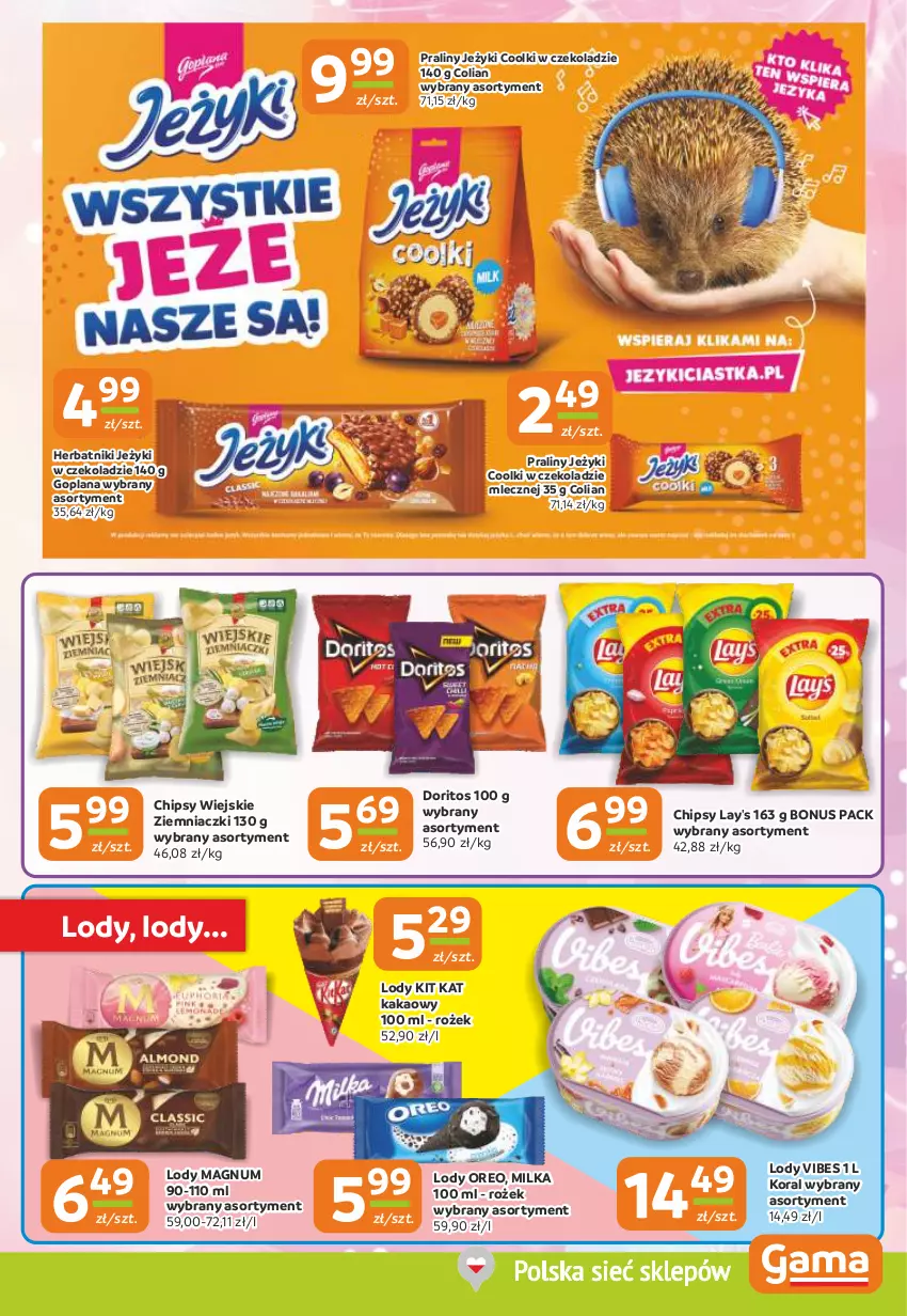 Gazetka promocyjna Gama - Gazetka Gama - ważna 05.09 do 17.09.2024 - strona 5 - produkty: Chipsy, Goplana, Herbatniki, Jeżyki, Kakao, Kit Kat, LANA, Lody, Milka, Oreo, Praliny