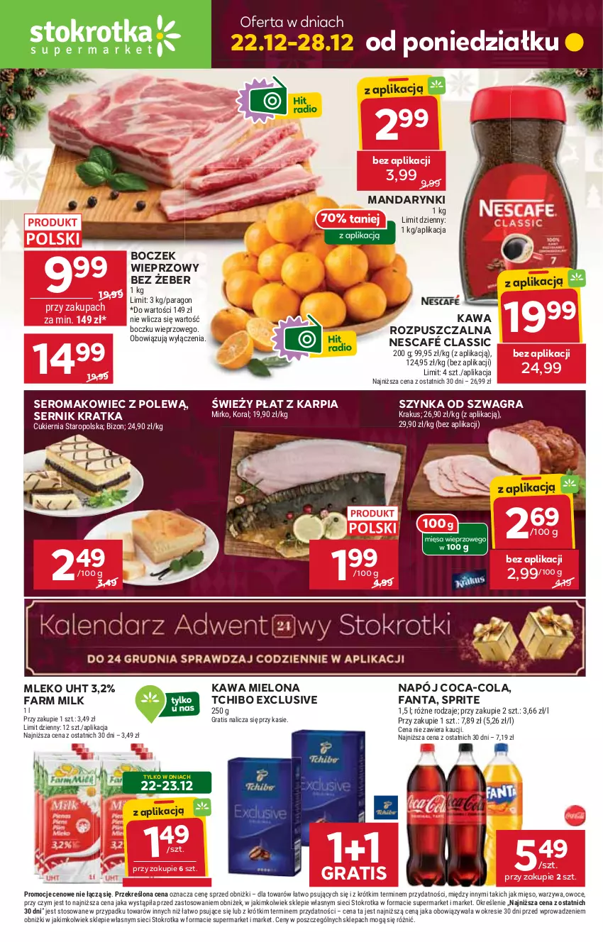Gazetka promocyjna Stokrotka - Supermarket - ważna 22.12 do 28.12.2025 - strona 1 - produkty: Boczek, Boczek wieprzowy, Coca-Cola, Cukier, Fa, Fanta, Farm Milk, Gra, Karp, Kawa, Kawa mielona, Kawa rozpuszczalna, Krakus, Makowiec, Mandarynki, Mięso, Mleko, Napój, Nescafé, Owoce, Ser, Sprite, Szynka, Tchibo, Warzywa