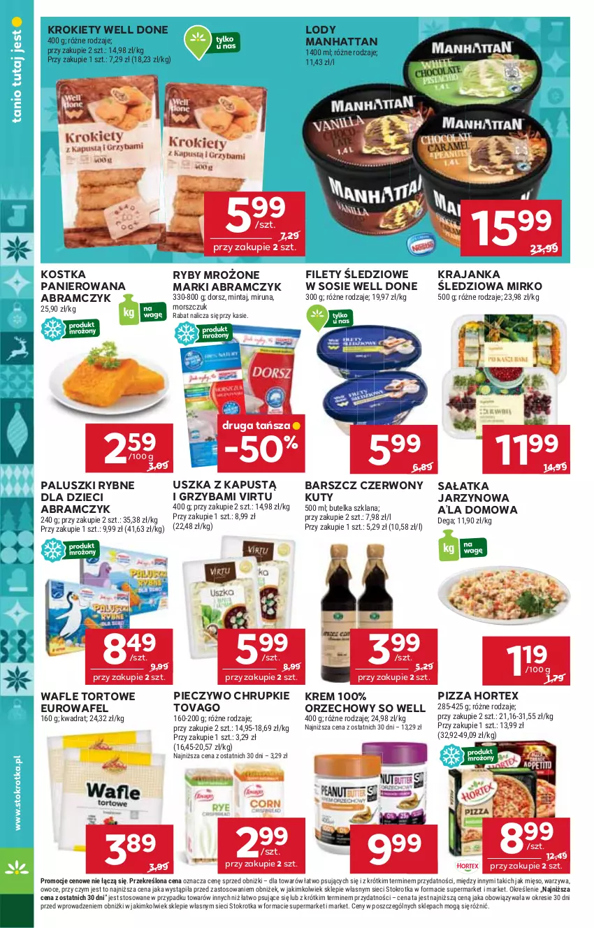 Gazetka promocyjna Stokrotka - Supermarket - ważna 22.12 do 28.12.2025 - strona 32 - produkty: Chrupki, Dega, Dorsz, Dzieci, Hortex, Kapustą, Krajanka śledziowa, Krokiety, LANA, Lody, Mięso, Mintaj, Miruna, Owoce, Paluszki rybne, Piec, Pieczywo, Pieczywo chrupkie, Pizza, Sałat, Sałatka, Sos, Virtu, Wafle, Wafle tortowe, Warzywa
