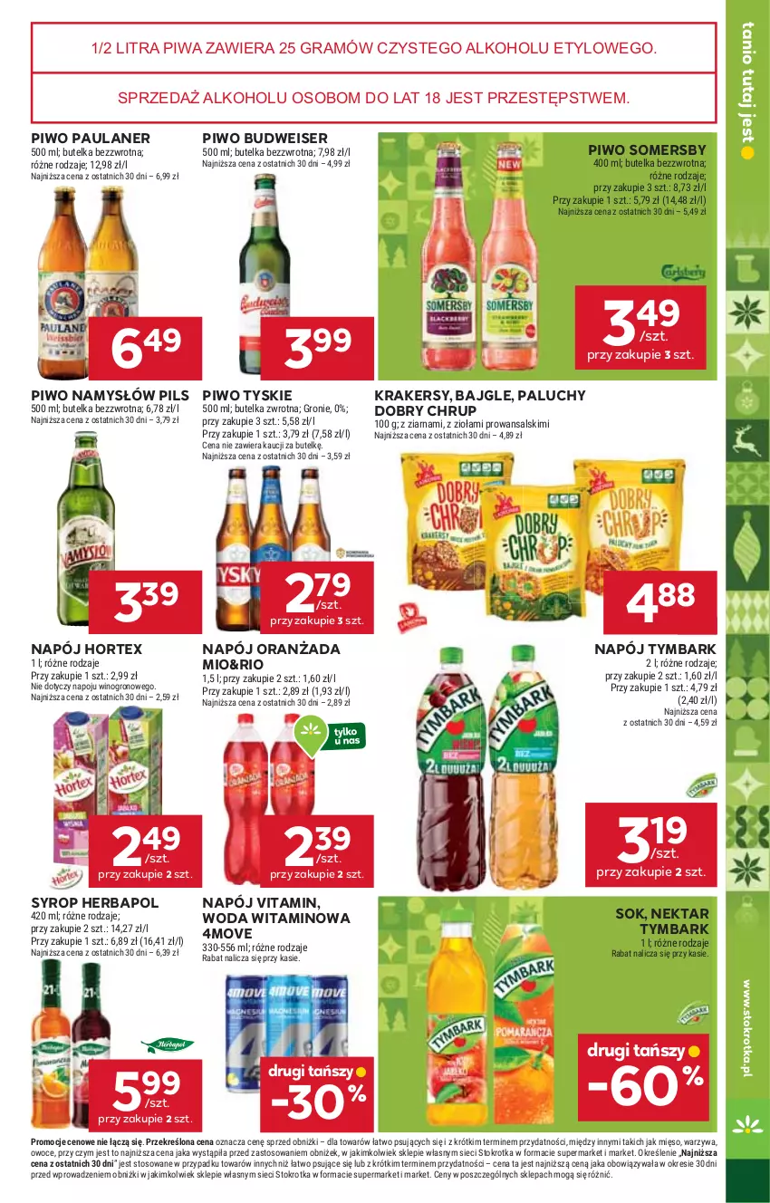 Gazetka promocyjna Stokrotka - Supermarket - ważna 22.12 do 28.12.2025 - strona 33 - produkty: Bajgle, Gra, Herbapol, Hortex, Krakersy, Mięso, Namysłów, Napój, Nektar, Oranżada, Owoce, Piwa, Piwo, Ser, Sok, Somersby, Syrop, Tymbark, Tyskie, Warzywa, Wino, Woda