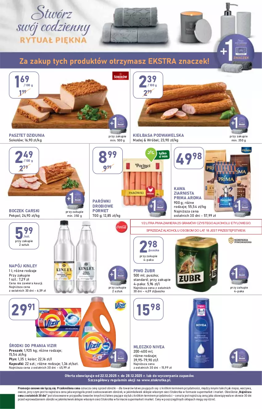 Gazetka promocyjna Stokrotka - Supermarket - ważna 22.12 do 28.12.2025 - strona 36 - produkty: Boczek, Cars, Gra, Kawa, Kawa ziarnista, Kiełbasa, Kiełbasa podwawelska, Mięso, Mleczko, Napój, Nivea, Owoce, Parówki, Pasztet, Pekpol, Piwa, Piwo, Por, Prima, Sok, Sokołów, Vizir, Warzywa, Wawel