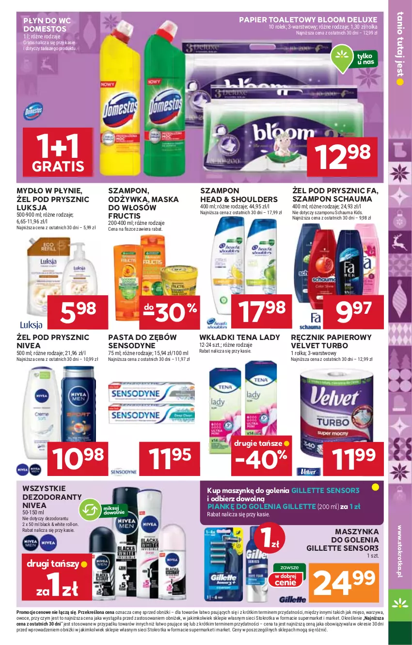 Gazetka promocyjna Stokrotka - Supermarket - ważna 22.12 do 28.12.2025 - strona 37 - produkty: Dezodorant, Domestos, Fa, Fructis, Gillette, Gra, Lack, Luksja, Maska, Maska do włosów, Maszynka, Maszynka do golenia, Mięso, Mydło, Mydło w płynie, Nivea, Odżywka, Owoce, Papier, Papier toaletowy, Pasta do zębów, Płyn do wc, Ręcznik, Schauma, Sensodyne, Szampon, Szynka, Velvet, Warzywa, Wkładki