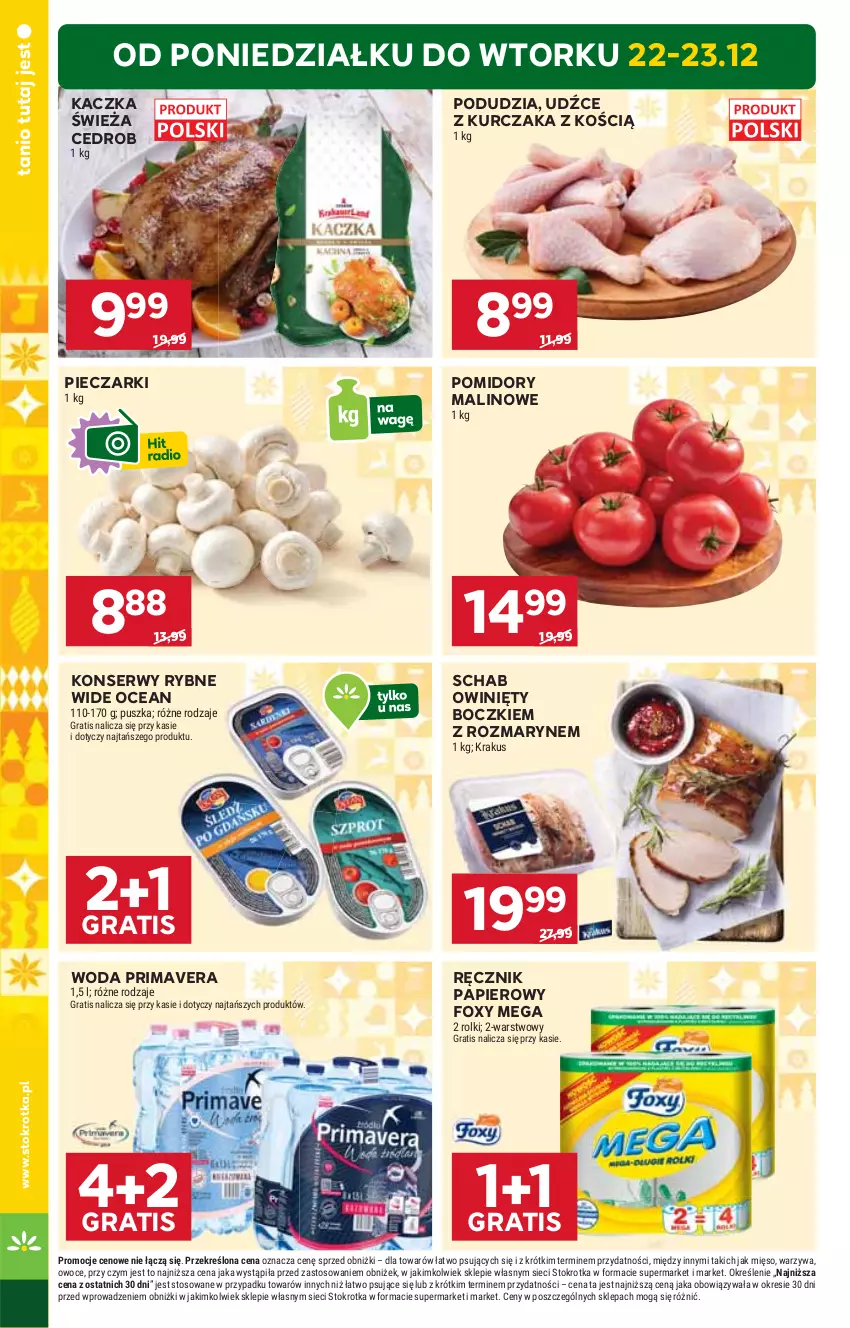Gazetka promocyjna Stokrotka - Supermarket - ważna 22.12 do 28.12.2025 - strona 4 - produkty: Foxy, Gra, Kaczka, Krakus, Kurczak, Mięso, Owoce, Papier, Piec, Pomidory, Prima, Primavera, Ręcznik, Rolki, Ser, Warzywa, Woda