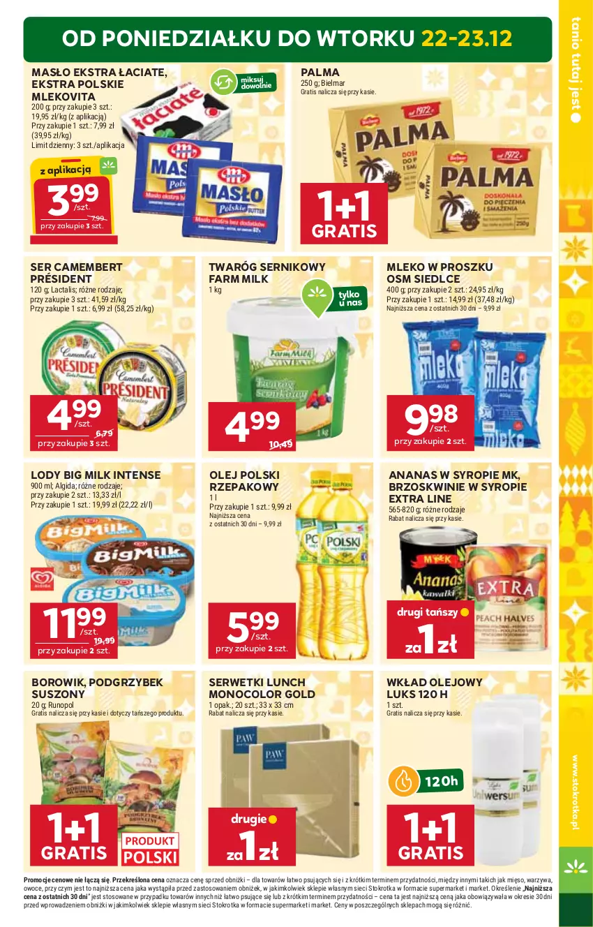 Gazetka promocyjna Stokrotka - Supermarket - ważna 22.12 do 28.12.2025 - strona 5 - produkty: Algida, Ananas, Big Milk, Brzoskwinie, Camembert, Fa, Farm Milk, Gra, LG, Lody, Masło, Mięso, Mleko, Mleko w proszku, Mlekovita, Olej, Owoce, Palma, Président, Ser, Serwetki, Syrop, Twaróg, Warzywa, Wkład olejowy