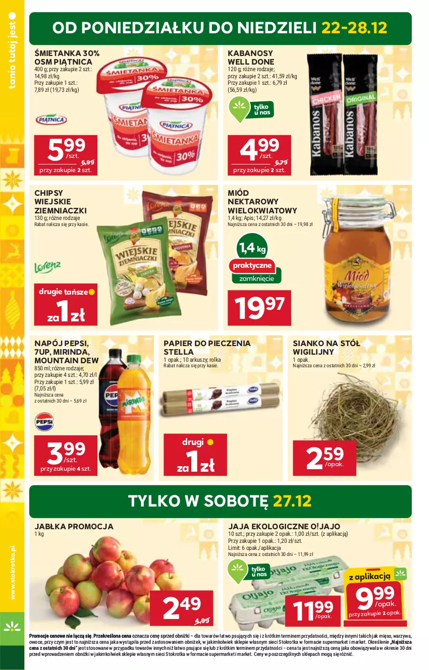 Gazetka promocyjna Stokrotka - Supermarket - ważna 22.12 do 28.12.2025 - strona 6 - produkty: 7up, Chipsy, Jabłka, Jaja, Kabanos, Mięso, Miód, Mirinda, Napój, Nektar, Owoce, Papier, Papier do pieczenia, Pepsi, Piątnica, Piec, Stół, Warzywa