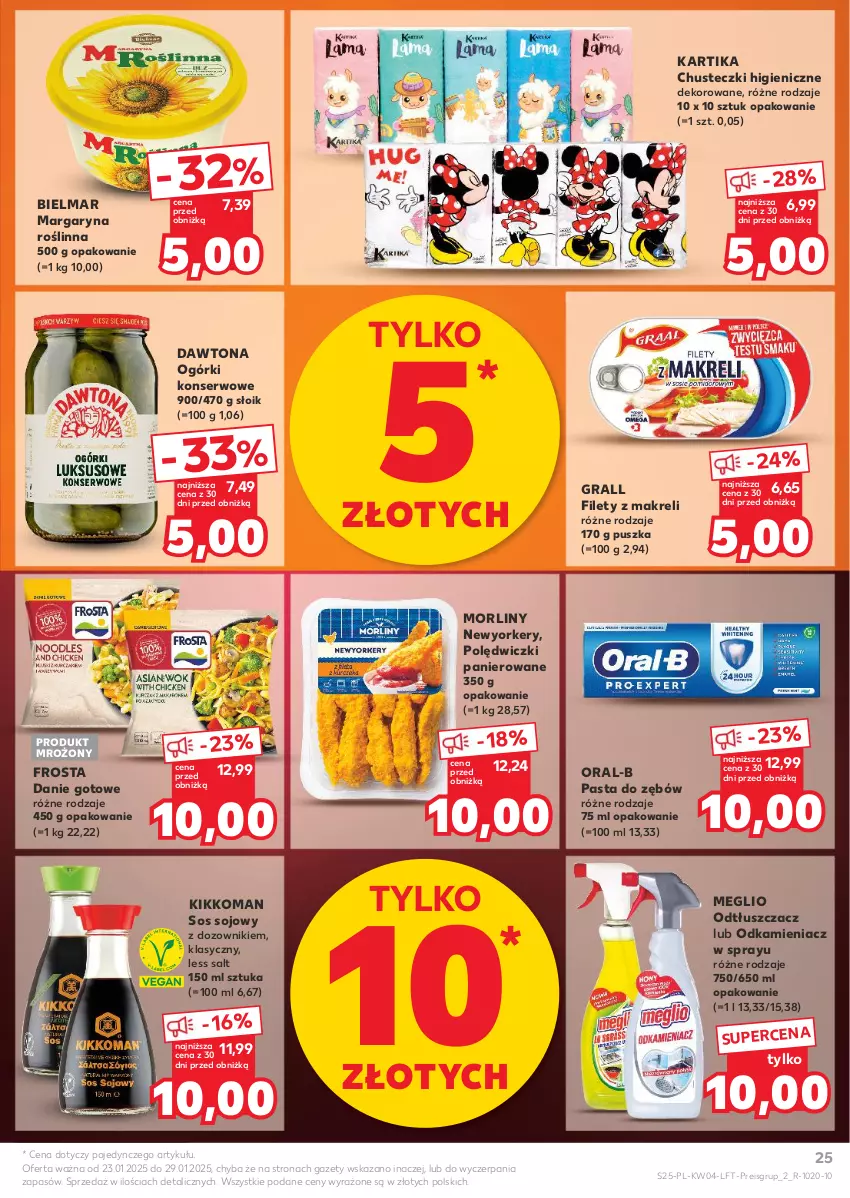 Gazetka promocyjna Kaufland - Gazetka tygodnia - ważna 23.01 do 29.01.2025 - strona 25 - produkty: Chusteczki, Danie gotowe, Dawtona, Dozownik, Frosta, Gra, Margaryna, Morliny, Odkamieniacz, Odtłuszczacz, Ogórki konserwowe, Pasta do zębów, Polędwiczki panierowane, Ser, Sos, Sos sojowy