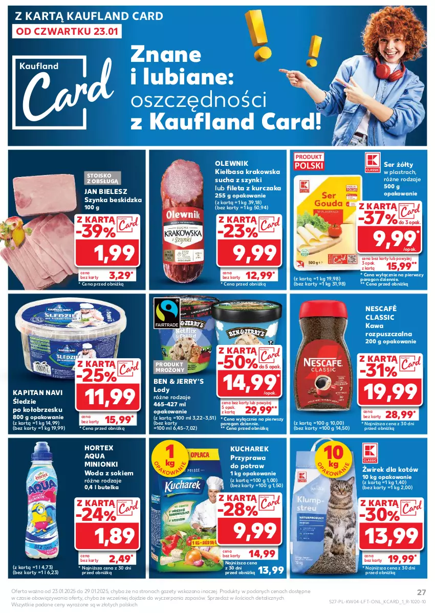 Gazetka promocyjna Kaufland - Gazetka tygodnia - ważna 23.01 do 29.01.2025 - strona 27 - produkty: Hortex, Kawa, Kawa rozpuszczalna, Kiełbasa, Kiełbasa krakowska, Kucharek, Kurczak, Lody, Nescafé, Olewnik, Przyprawa do potraw, Ser, Sok, Szynka, Woda