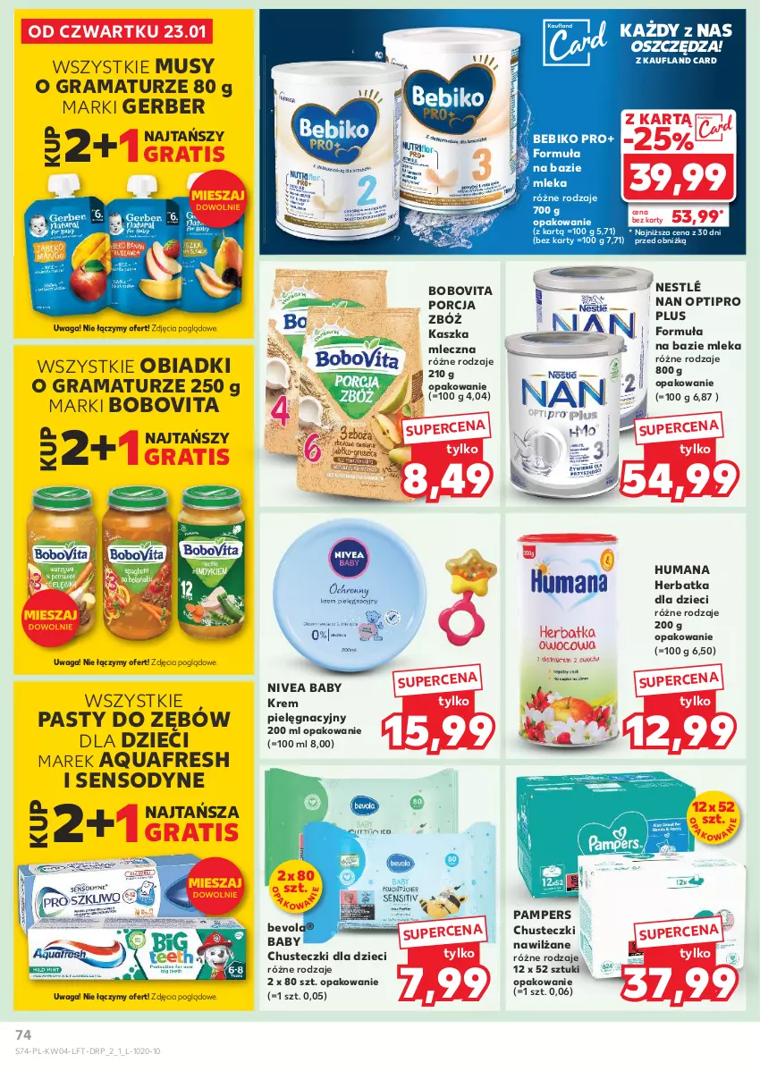 Gazetka promocyjna Kaufland - Gazetka tygodnia - ważna 23.01 do 29.01.2025 - strona 74 - produkty: Aquafresh, Bebiko, BoboVita, Chusteczki, Dzieci, Gerber, Gra, Humana, Mus, NAN Optipro, Nestlé, Nivea, Nivea Baby, Pampers, Por, Rama, Sensodyne, Waga