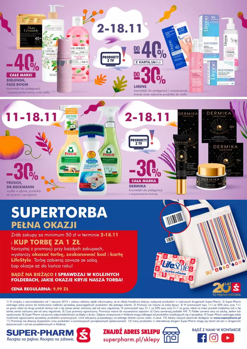 Gazetka promocyjna Super Pharm - Gazetka - ważna 02.11 do 18.11.2021 - strona 24 - produkty: Bielenda, Dermika, Dres, Fa, Frosch, Gra, Kosmetyki do pielęgnacji, Lirene, Por, Torba, Zdrowie