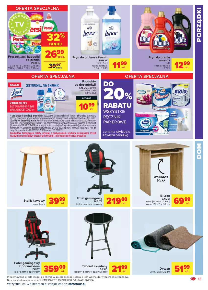 Gazetka promocyjna Carrefour - Gazetka Market - ważna 26.07 do 07.08.2021 - strona 13 - produkty: Biurko, Dywan, Fotel, Fotel gamingowy, Gry, Kapsułki do prania, Lenor, Lysol, Papier, Persil, Płyn do płukania, Płyn do prania, Półka, Por, Ręcznik, Ręczniki papierowe, Stolik, Stolik kawowy, Taboret, Taboret składany, Woolite