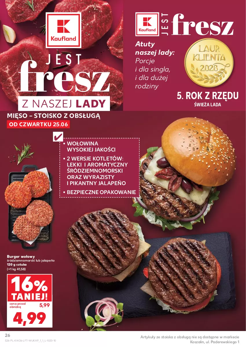Gazetka promocyjna Kaufland - Gazetka tygodnia - ważna 25.06 do 01.07.2026 - strona 26 - produkty: Burger, Kosz, Kotlet, Mięso, Piec, Por, Sok, Szal, Wołowina