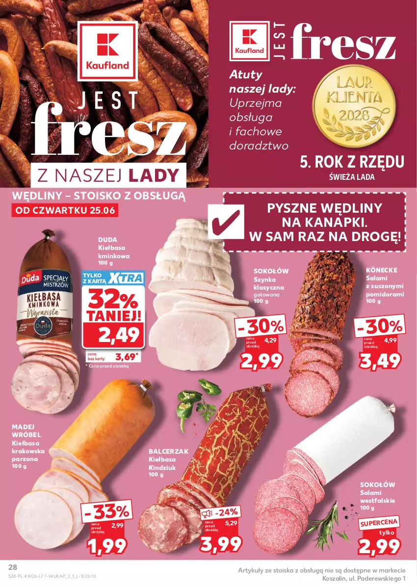 Gazetka promocyjna Kaufland - Gazetka tygodnia - ważna 25.06 do 01.07.2026 - strona 28 - produkty: Duda, Fa, Kiełbasa, Kiełbasa krakowska, Kindziuk, Kosz, Madej Wróbel, Salami, Sok, Sokołów, Szal, Szynka