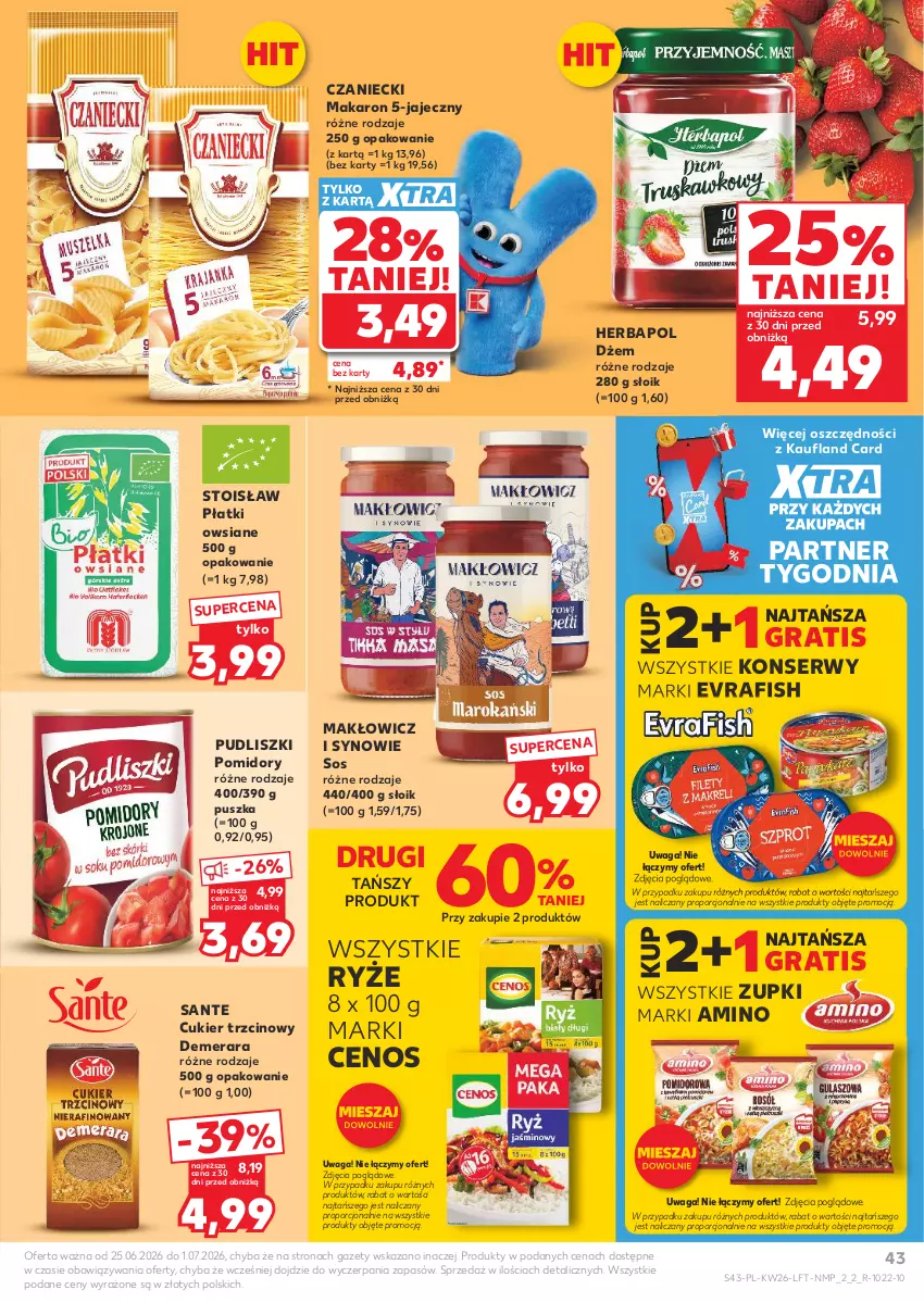 Gazetka promocyjna Kaufland - Gazetka tygodnia - ważna 25.06 do 01.07.2026 - strona 43 - produkty: Cenos, Cukier, Cukier trzcinowy, Dżem, Gra, Herbapol, Makaron, Płatki owsiane, Pomidory, Por, Pudliszki, Ryż, Sante, Ser, Sos, Waga