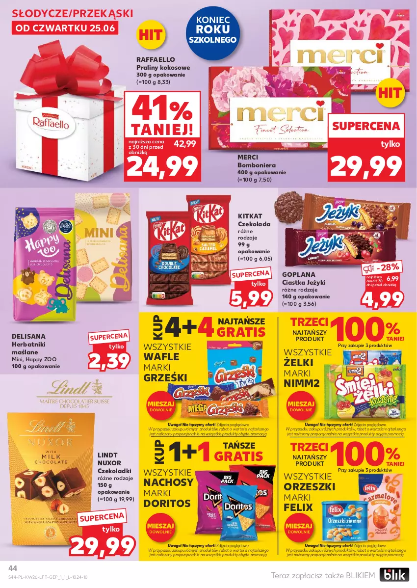 Gazetka promocyjna Kaufland - Gazetka tygodnia - ważna 25.06 do 01.07.2026 - strona 44 - produkty: Bomboniera, Ciastka, Czekolada, Fa, Felix, Goplana, Gra, Grześki, Herbatniki, Isana, Jeżyki, Kokos, LANA, Lindt, Merci, Nimm2, Orzeszki, Por, Praliny, Raffaello, Tera, Wafle, Waga