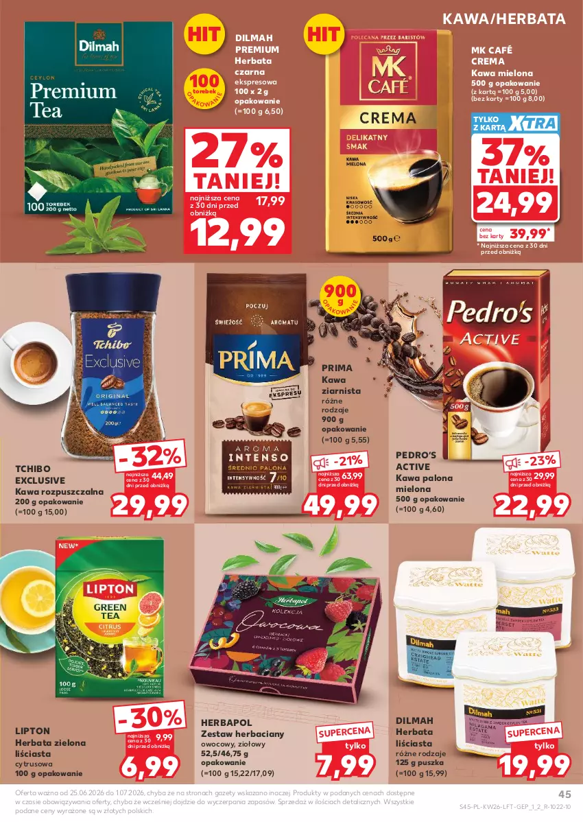 Gazetka promocyjna Kaufland - Gazetka tygodnia - ważna 25.06 do 01.07.2026 - strona 45 - produkty: Dilmah, Herbapol, Herbata, Herbata czarna, Kawa, Kawa mielona, Kawa rozpuszczalna, Kawa ziarnista, Lipton, Prima, Tchibo