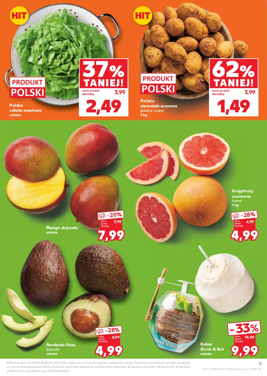Gazetka promocyjna Kaufland - Gazetka tygodnia - ważna 25.06 do 01.07.2026 - strona 5 - produkty: Grejpfrut, Kokos, Mango, Masło, Sałat, Sałata masłowa, Ziemniaki