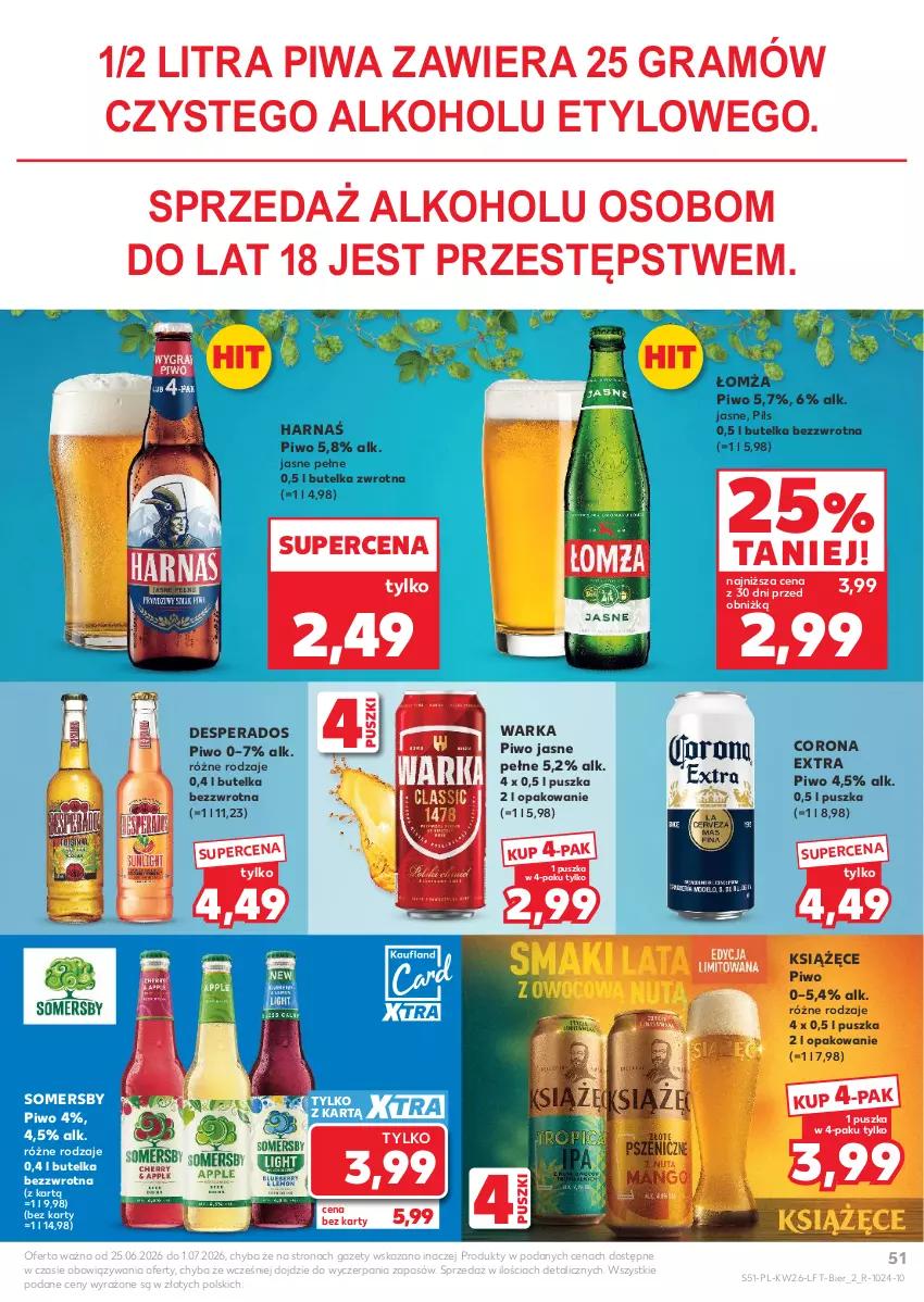 Gazetka promocyjna Kaufland - Gazetka tygodnia - ważna 25.06 do 01.07.2026 - strona 51 - produkty: Corona Extra, Desperados, Gra, Harnaś, Książęce, Piwa, Piwo, Piwo jasne, Somersby, Warka