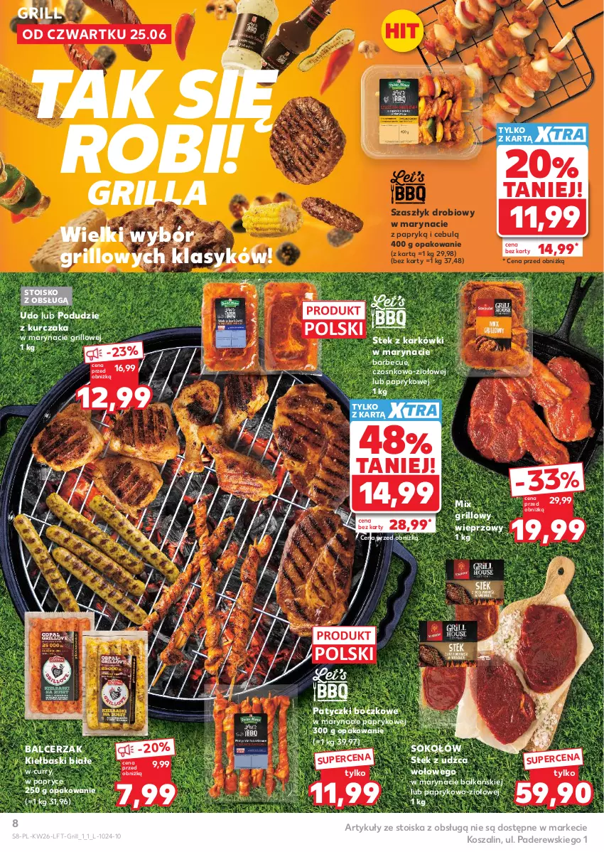 Gazetka promocyjna Kaufland - Gazetka tygodnia - ważna 25.06 do 01.07.2026 - strona 8 - produkty: Grill, Kiełbaski białe, Kosz, Kurczak, Podudzie z kurczaka, Sok, Sokołów, Stek, Stek z udźca wołowego, Szal