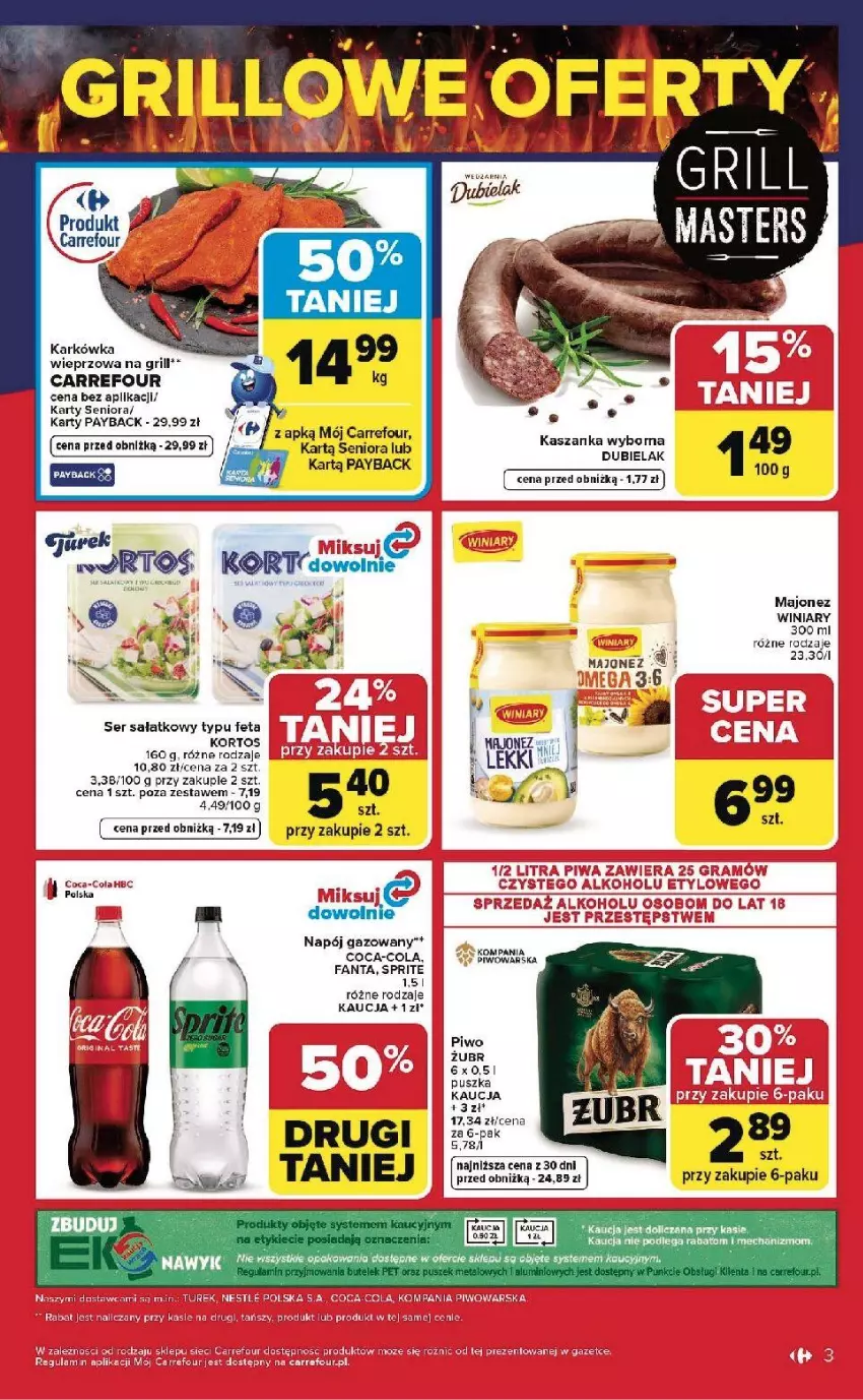 Gazetka promocyjna Carrefour - Gazetka Weekend okazji już od czwartku! - ważna 28.05 do 30.05.2026 - strona 3 - produkty: Coca-Cola, Fa, Fanta, Feta, Grill, Kasza, Kaszanka, Majonez, Napój, Napój gazowany, Piwa, Piwo, Por, Sałat, Ser, Sprite, Winiary
