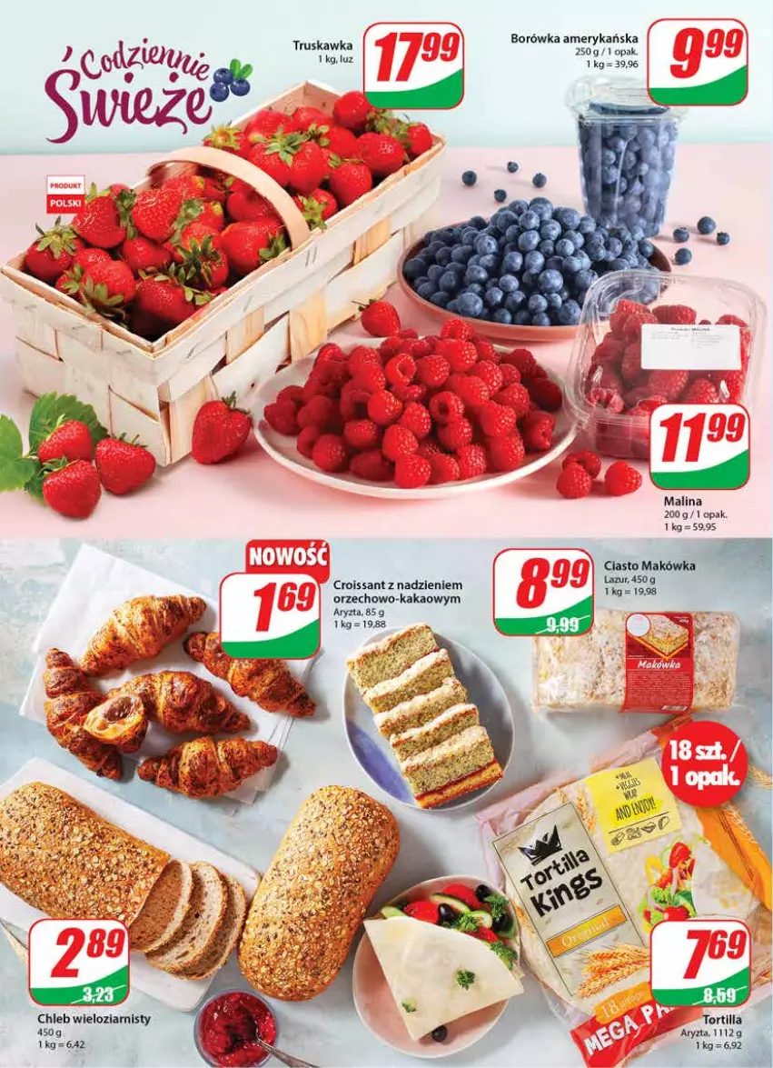 Gazetka promocyjna Dino - Gazetka - ważna 18.05 do 24.05.2022 - strona 12 - produkty: Borówka, Borówka amerykańska, Chleb, Chleb wieloziarnisty, Croissant, Kakao, Lazur, Tortilla