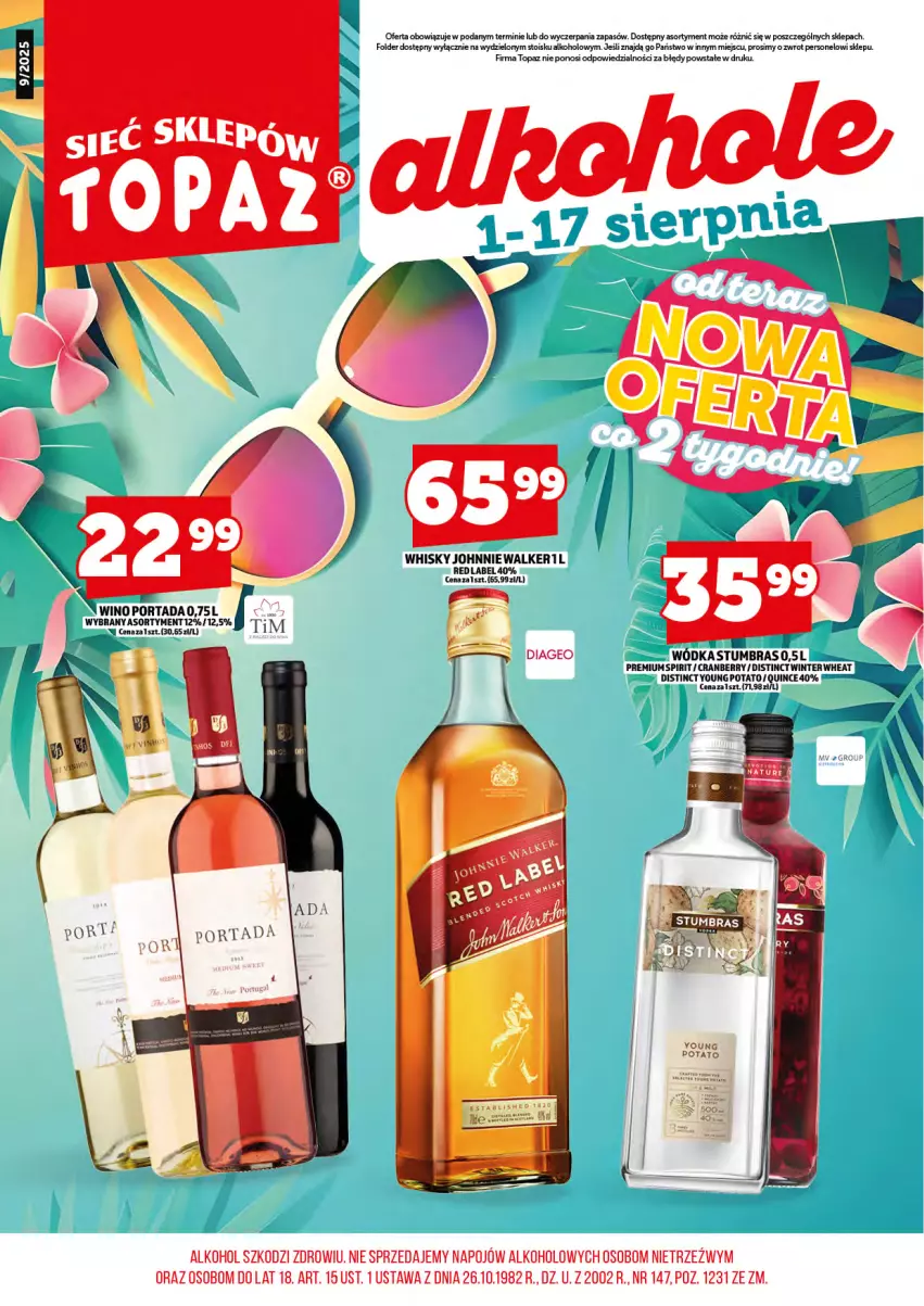Gazetka promocyjna Topaz - Gazetka - ważna 01.08 do 17.08.2025 - strona 3 - produkty: Johnnie Walker, Por, Portada, Top, Whisky, Wino, Wódka