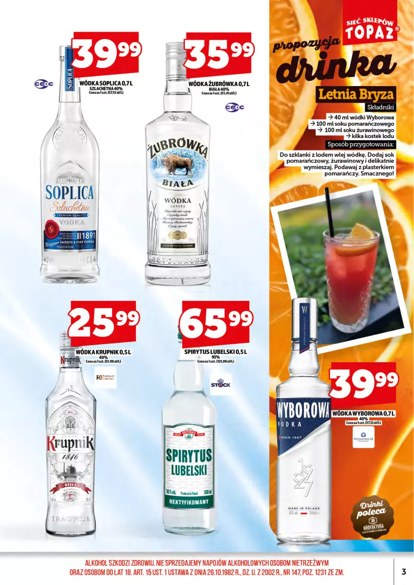 Gazetka promocyjna Topaz - Gazetka - ważna 01.08 do 17.08.2025 - strona 5 - produkty: Krupnik, Lanki, Plasterki, Sok, Sok pomarańczowy, Soplica, Stek, Wino, Wódka, Wyborowa