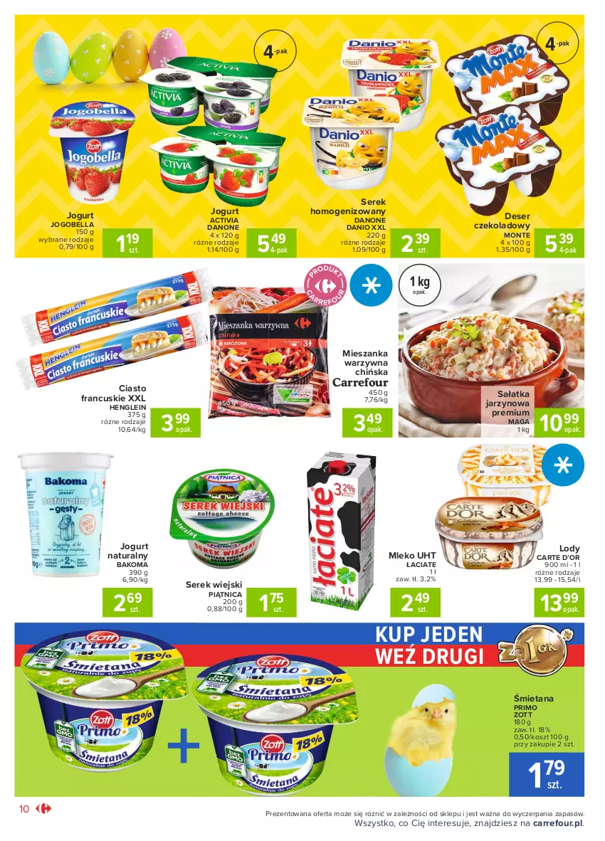 Gazetka promocyjna Carrefour - Gazetka Market - ważna 28.03 do 03.04.2021 - strona 10 - produkty: Activia, Bakoma, Bell, Bella, Ciasto francuskie, Danio, Danone, Deser, Jogobella, Jogurt, Jogurt naturalny, Kosz, Lody, Mieszanka warzyw, Mleko, Monte, Piątnica, Sałat, Sałatka, Ser, Serek, Serek homogenizowany, Serek wiejski, Zott