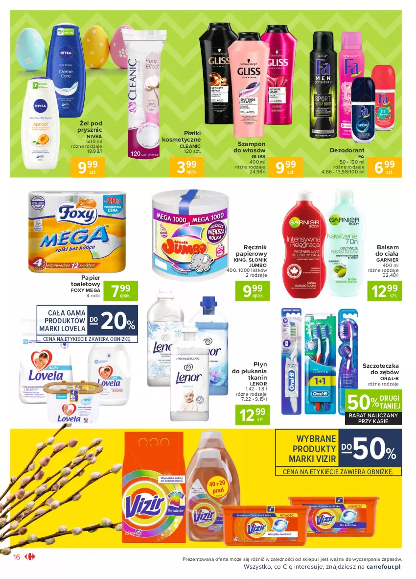 Gazetka promocyjna Carrefour - Gazetka Market - ważna 28.03 do 03.04.2021 - strona 16 - produkty: Balsam do ciała, Cleanic, Dezodorant, Fa, Foxy, Garnier, Lenor, Lovela, Nivea, Papier, Papier toaletowy, Płatki kosmetyczne, Płyn do płukania, Ręcznik, Rolki, Szampon, Szczoteczka, Szczoteczka do zębów, Vizir