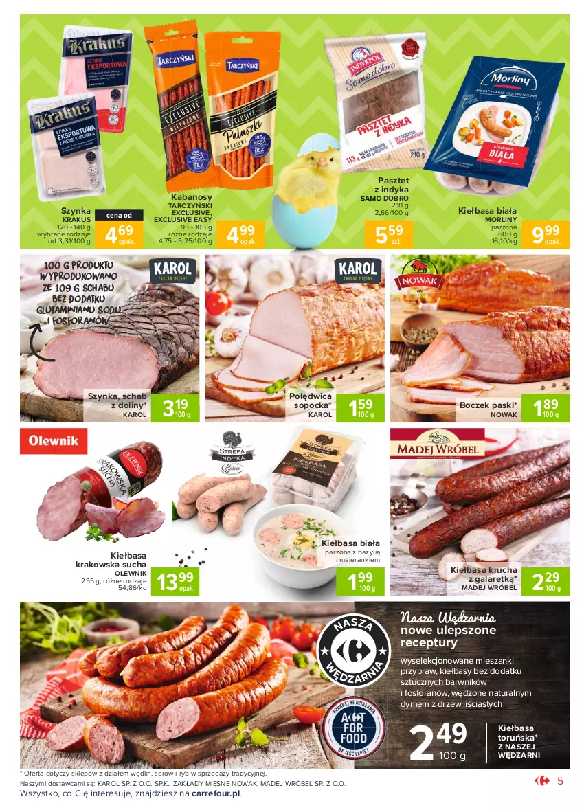 Gazetka promocyjna Carrefour - Gazetka Market - ważna 28.03 do 03.04.2021 - strona 5 - produkty: Bazyl, Boczek, Gala, Kabanos, Kiełbasa, Kiełbasa biała, Kiełbasa krakowska, Kiełbasa krucha, Krakus, Madej Wróbel, Morliny, NOWAK, Olewnik, Pasztet, Pasztet z indyka, Polędwica, Ser, Szynka, Tarczyński